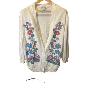Vintage 90s Joan Stuart White Long V Neck Oversized Cardigan Floral Print Sz L